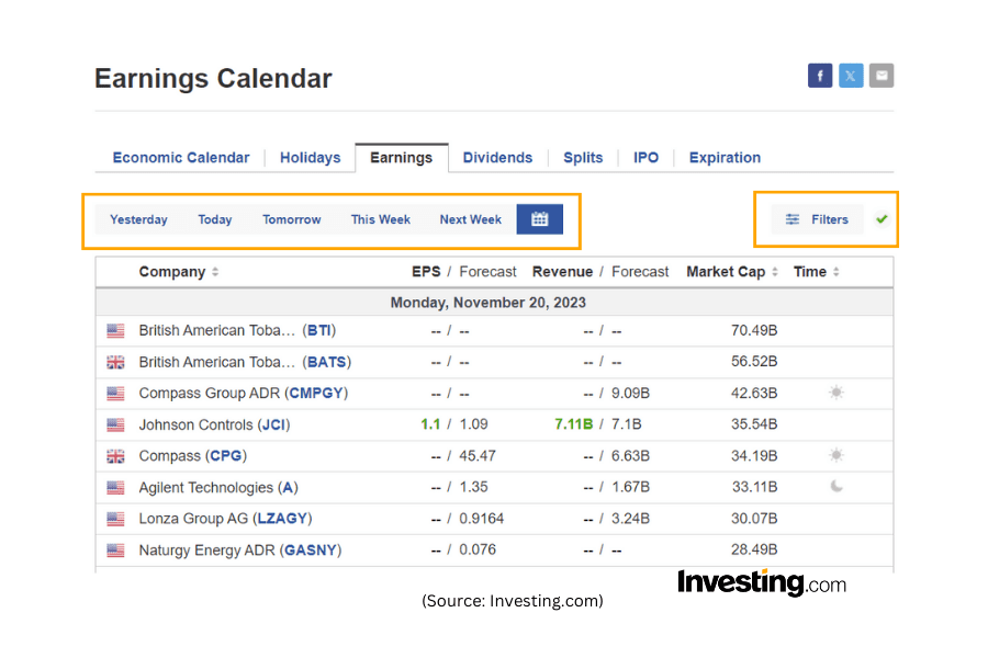 Earnings Calendar screenshot with filters highlighted